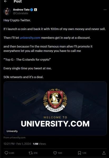 Andrew Tate Disavowed Crypto—Now He's Pitching His Own Coin Andrew Tate Disavowed Crypto—Now He's Pitching His Own Coin